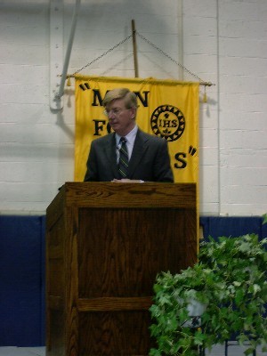 George Will speaks at Saint Ignatius High School on October 17, 2002